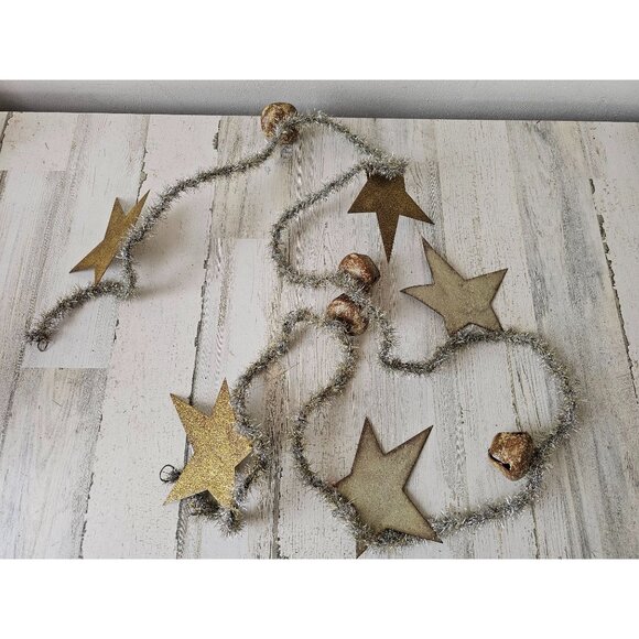 Antique 8' tinsel star Bell Garland tree metal silver unique - Picture 1 of 8